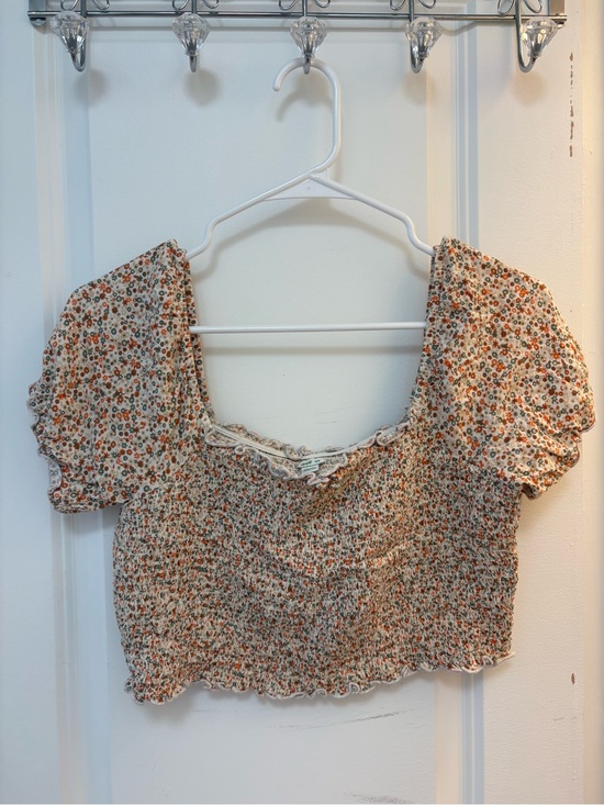 aerie Tops - Aerie Cream Floral Smocked Crop Top with Orange Accents